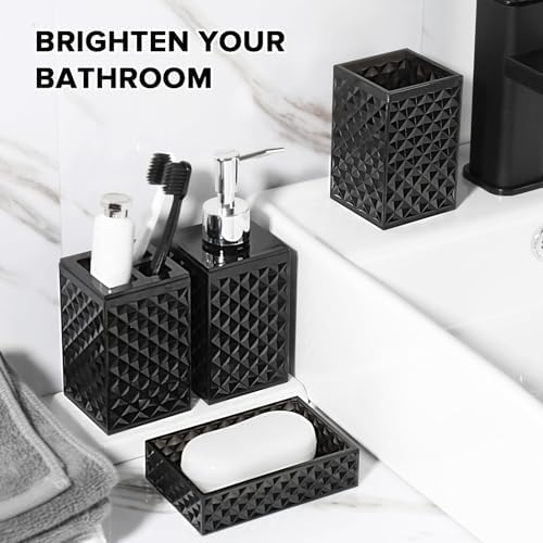 RYTOXILO Black Bathroom Accessories Set, 4 Pack Matte Black Bath Accessory Sets Complete, Acrylic Soap Dispenser and Toothbrush Holder Set for Bathroom Counter Sink, Modern Bathroom Decor