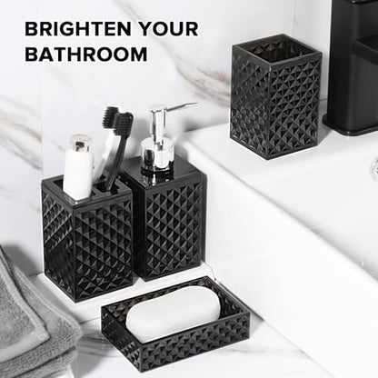 RYTOXILO Black Bathroom Accessories Set, 4 Pack Matte Black Bath Accessory Sets Complete, Acrylic Soap Dispenser and Toothbrush Holder Set for Bathroom Counter Sink, Modern Bathroom Decor