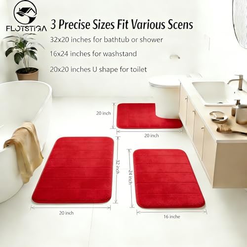 Memory Foam Bath Mat Set 3 Piece，Super Soft Absorbent Bathroom Rug Non Slip, Quick Dry,Machine Wash, Perfect Plush Bathroom Rugs,Home Decor Accessories,Red