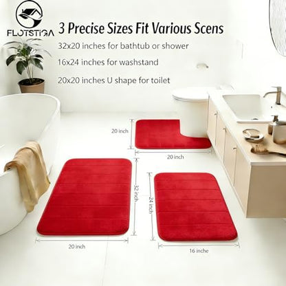 Memory Foam Bath Mat Set 3 Piece，Super Soft Absorbent Bathroom Rug Non Slip, Quick Dry,Machine Wash, Perfect Plush Bathroom Rugs,Home Decor Accessories,Red