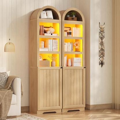 UPOSOJA 72" Tall Arched Narrow Bathroom Storage Cabinet with Lights, Slim Storage Cabinet with Adjustable Shelves for Small Spaces, Farmhouse Style (Oak)