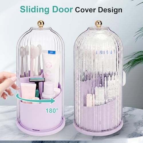 QIYVLOS Toothbrush Holders with Sliding Lid, Rotating 3 Slots Bathroom Organizer Countertop, Tooth Brush Toothpaste Holder Bathroom Counter Stand Sink Organizer for Makeup Brushes Holder (Purple)