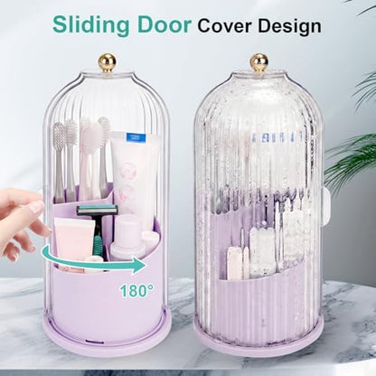 QIYVLOS Toothbrush Holders with Sliding Lid, Rotating 3 Slots Bathroom Organizer Countertop, Tooth Brush Toothpaste Holder Bathroom Counter Stand Sink Organizer for Makeup Brushes Holder (Purple)