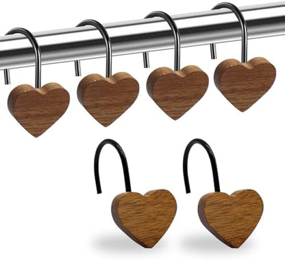 Shower Curtain Hooks, Wood Decorative Shower Curtain Rings, Modern Round Log Shower Curtain Hangers, 12PCS Shower Hooks for Shower Curtain Rod, Bedroom, Living Room (Heart-Black)