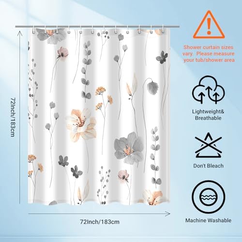 WITHLOC Floral Shower Curtains for Bathroom, Grey, 72" W x 72" L