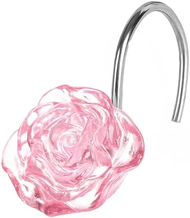 Pink Rose Shower Curtain Hooks: Cute Flower Bathroom Curtain Rings, 12Pcs