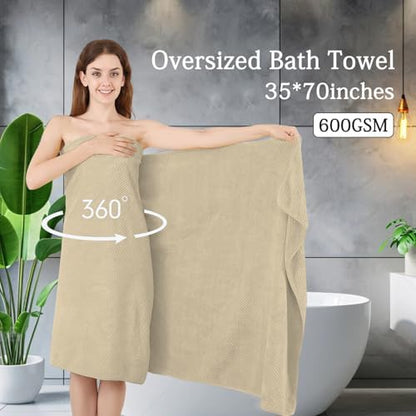 8-Piece Beige Bath Towels Set,2 Oversized Large Bath Towels Sheet,2 Hand Towels and 4 Washcloths - 600 GSM Soft Luxury Towel Set,Highly Absorbent Quick Dry Towel Collection for Bathroom,Hotel and Spa