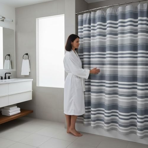 Serafina Home Modern Coastal Blue White Gray Stripe Cotton Shower Curtain