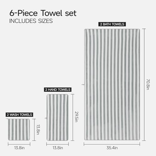 REDKISS Ultra Soft Bath Towel Sets 6-Piece 35"x70" | 100% Microfiber, Highly Absorbent & Quick Dry | Grey Towels for Bathroom, Spa, Gym | 2 Bath, 2 Hand, 2 Washcloths