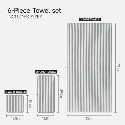 REDKISS Ultra Soft Bath Towel Sets 6-Piece 35"x70" | 100% Microfiber, Highly Absorbent & Quick Dry | Grey Towels for Bathroom, Spa, Gym | 2 Bath, 2 Hand, 2 Washcloths