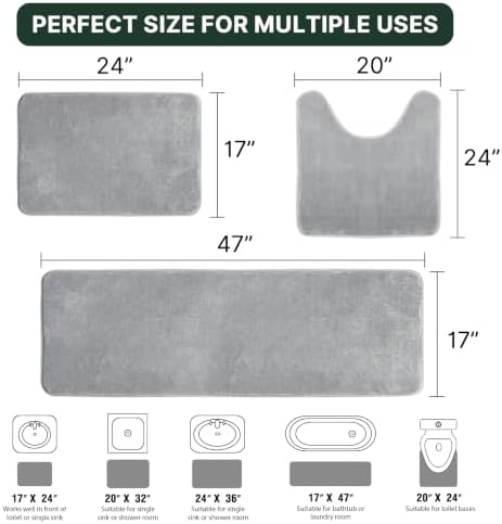 H.VERSAILTEX Bath Mat Memory Foam Set Bathroom Rug Set Flannel Velvety Extra Soft and Absorbent Non Slip Rugs for Bathroom/Bedroom Washable(47"x 17" + 17"x 24" + 20"x 24"U-Shaped, Grey)