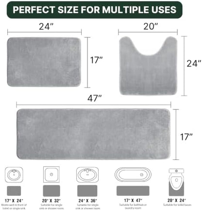 H.VERSAILTEX Bath Mat Memory Foam Set Bathroom Rug Set Flannel Velvety Extra Soft and Absorbent Non Slip Rugs for Bathroom/Bedroom Washable(47"x 17" + 17"x 24" + 20"x 24"U-Shaped, Grey)