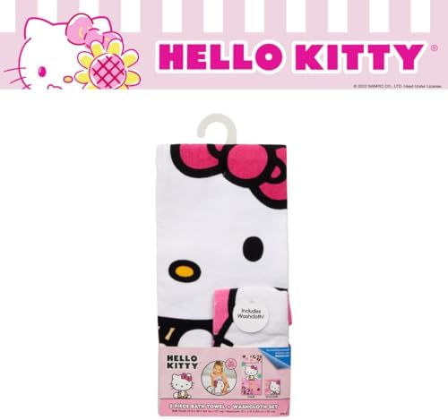 Franco Hello Kitty Kids Bath/Pool/Beach Soft Absorbent Cotton Terry Towel with Washcloth 2 Piece Set, 50 in x 25 in, (Officially Licensed Product) (Pack of 2)