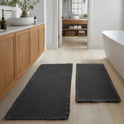 JIUZHEN Set of 2 Waffle Bath Mats Boho Bathroom Runner Rug 20"x32"+24"x48"