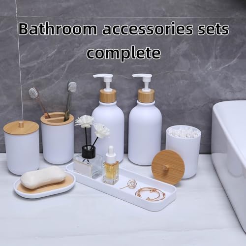 Matte White Bathroom Accessories Set 7 Pcs,Bamboo Bathroom Accessories Sets,White Soap Dispenser and Toothbrush Holder Set,Qtip Holder,Vanity Tray,Soap Dish,Modern Bathroom Decor