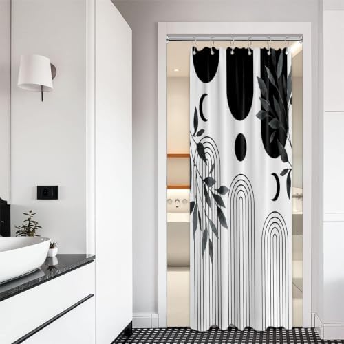 Mid Century Modern White and Black Shower Curtain Bohemian MCM Black and White Shower Curtains for Mens Bathroom Decor, Boho Minimalist Pattern, Waterproof Cloth Fabric with Hooks 36x72 in