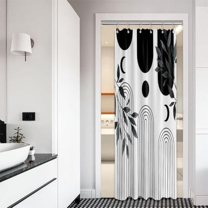 Mid Century Modern White and Black Shower Curtain Bohemian MCM Black and White Shower Curtains for Mens Bathroom Decor, Boho Minimalist Pattern, Waterproof Cloth Fabric with Hooks 36x72 in