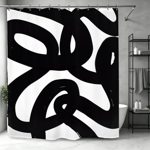 Abstract Black White Shower Curtain 60Wx72L Inch Modern Minimalist Geometric Contemporary Geometric Line Neutral Simple Bathroom Set Accessories Decor with 12 Pack Hooks