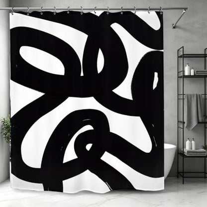 Abstract Black White Shower Curtain 60Wx72L Inch Modern Minimalist Geometric Contemporary Geometric Line Neutral Simple Bathroom Set Accessories Decor with 12 Pack Hooks