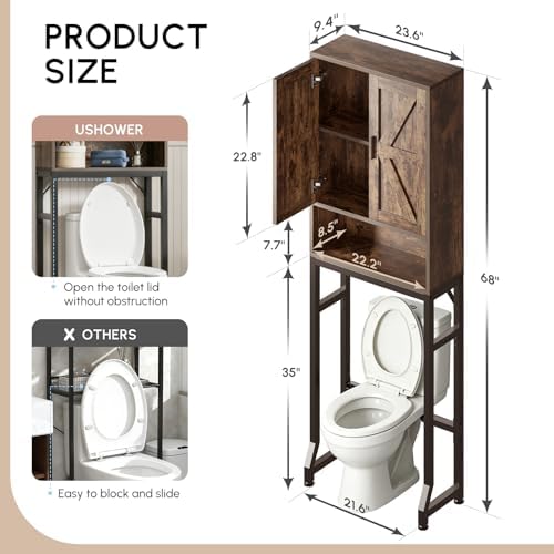 USHOWER Brown Over The Toilet Storage Cabinet with Barn Doors