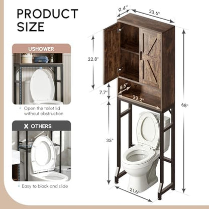 USHOWER Brown Over The Toilet Storage Cabinet with Barn Doors