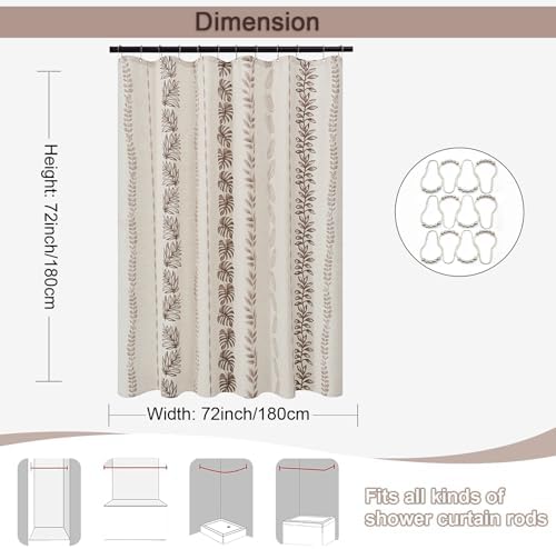 ORTIGIA Linen Brown Leaf Shower Curtain with Metal Hooks,Botanical Boho Waterproof Natural Linen Bath Curtain for Rustic Farmhouse Bathroom Decor 72x72 Inch