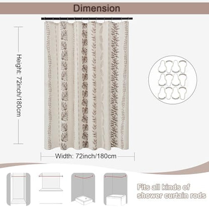 ORTIGIA Linen Brown Leaf Shower Curtain with Metal Hooks,Botanical Boho Waterproof Natural Linen Bath Curtain for Rustic Farmhouse Bathroom Decor 72x72 Inch