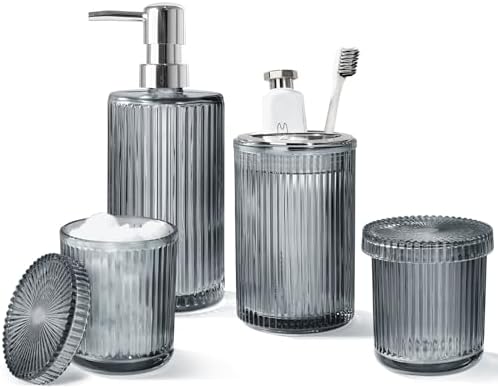 KASUNTING Gray Glass Bathroom Accessories 4 Pcs, Grey Bathroom Set, Soap Dispenser and Toothbrush Holder Set, Qtip Holder Set, Vintage Bathroom Sink Set, Modern Bathroom Decor