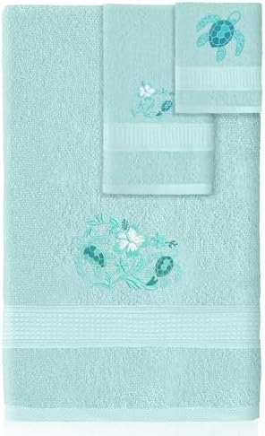 3 Pcs Rustic Sea Turtle Bathroom Towel Set Farmhouse Embroidered Sea Turtle Towels Vintage Decorative 100% Cotton Bath Towel Highly Absorbent Elegant Summer Decor Set for Bathroom
