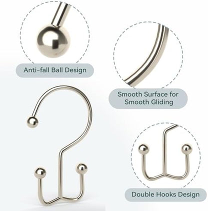 Goowin Shower Curtain Hooks, 12 Pcs Shower Curtain Rings, Durable Shower Curtain Rings Rust Proof, Double Glide Shower Rings for Curtain, Simple Shower Hooks for Shower Curtain & Liner, Brush Nickel