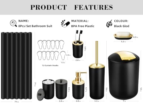 Bathroom Set, 20Pcs Bathroom Shower Curtain Sets with Hooks, Black Bathroom Accessories Set with Trash Can, Bathroom Accessories Sets Complete with Shower Curtain Set, Bathroom Accessory Set