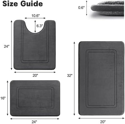 YIHOUSE Memory Foam Bath Mat Set, Non Slip Bath Mats for Bathroom, Super Soft and Water Absorbent Bath Rug Set, Machine Washable U Shape Toilet Mats, Dark Grey