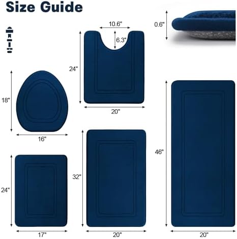 YIHOUSE Dark Blue Memory Foam Bathroom Rug Set 5 Piece, Absorbent Bath Mats, Non Slip Bath Mats for Bath Room Washable Dry Quickly Bath Rug Set for Bathroom Floor, Dark Blue Bath Mat Set 5 Piece