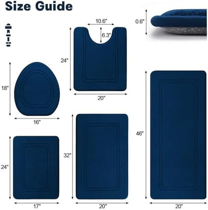 YIHOUSE Dark Blue Memory Foam Bathroom Rug Set 5 Piece, Absorbent Bath Mats, Non Slip Bath Mats for Bath Room Washable Dry Quickly Bath Rug Set for Bathroom Floor, Dark Blue Bath Mat Set 5 Piece