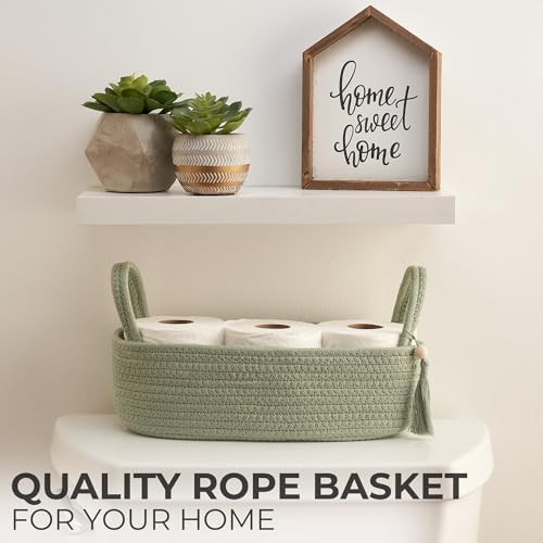 Decorative Toilet Paper Basket – Beautiful Bathroom Organizer for Toilet Tank Storage Decor – Boho Cotton Rope Bin with Tassel for Bathroom Accessories and as Shelf Decor (sage Green)