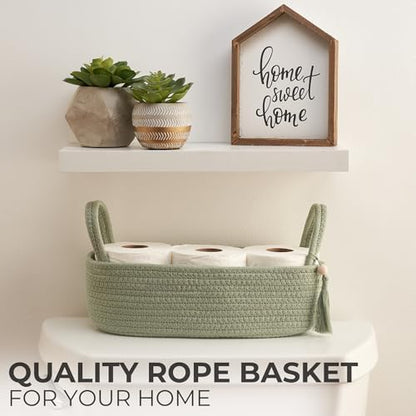 Decorative Toilet Paper Basket – Beautiful Bathroom Organizer for Toilet Tank Storage Decor – Boho Cotton Rope Bin with Tassel for Bathroom Accessories and as Shelf Decor (sage Green)