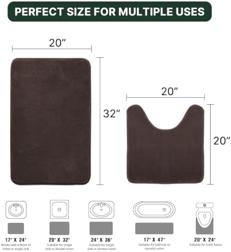 H.VERSAILTEX Bath Mat Memory Foam Set Bathroom Rug Set Flannel Velvety Bath Mat Luxury Extra Soft and Absorbent Non Slip Rugs for Bathroom/Bedroom Washable(Curved Set 20"x 32" Plus 20"x 20"U, Brown)