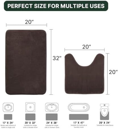 H.VERSAILTEX Bath Mat Memory Foam Set Bathroom Rug Set Flannel Velvety Bath Mat Luxury Extra Soft and Absorbent Non Slip Rugs for Bathroom/Bedroom Washable(Curved Set 20"x 32" Plus 20"x 20"U, Brown)