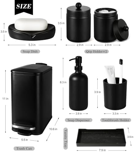 Black Bathroom Accessories Set, 7 Pcs Matte Black Bathroom Accessory Set with Trash Can, Soap Dispenser, Toothbrush Holder, Soap Dish, Vanity Tray, Qtip Holder, Modern Bathroom Sets Complete Decor