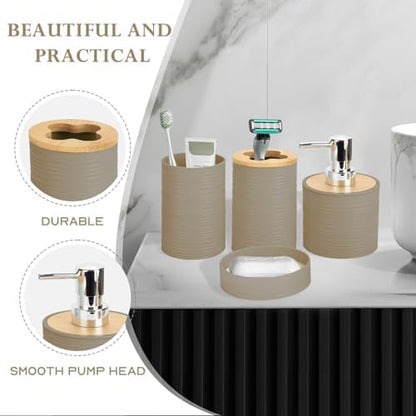 RRM 4 Piece Bamboo Bathroom Accessories Set, Boho Bathroom Decor, Beige