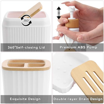 34PCS Bathroom Accessories Set with Shower Curtain,Rugs,Bath Towel,Trash Can,3PCS Lotion Soap Dispenser, Toothbrush Holder, Soap Dish,Tumbler Cup,6PCS Wood Tags Bath Accessories with Tray for Bathroom