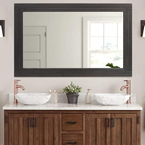 YOSHOOT Hand-Made Wooden Spliced Wall Mirror for Bathroom, Rustic Farmhouse Vanity Mirror, Décor Wall Art, Solid Wood Frame, Vertical or Horizontal Hanging, 60" x 36", Black