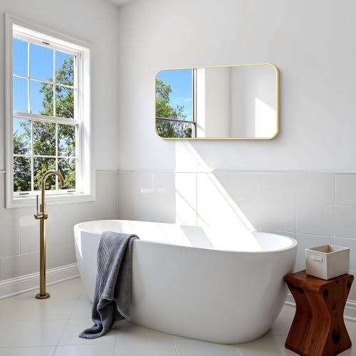 BONEWEI Gold Bathroom Mirror,20x36 inch Wall Mirror for Bathroom Wall Mounted,Round Rectangle Mirror for Bathroom Over Sink,Modern Frame for Home Decor Living Room,Bedroom Entryway,Horizontal/Vertical