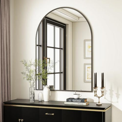 VooBang Arched Wall Mirror, 26 x 41 inch Arch Bathroom Mirror, Wall Mounted Vanity Mirror with Arch Metal Frame, Modern Bathroom Vanity Mirror for Bedroom, Living Room, Hanging or Leaning, Black
