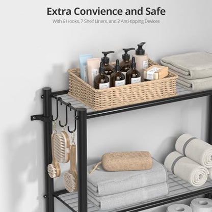 Hodonas Over The Toilet Storage Shelf - Bathroom Organizer Rack with 7-Tier Shelves, Adjustable Metal Shelf Above Toilet for Storage, Freestanding Bathroom Space Saver, Black