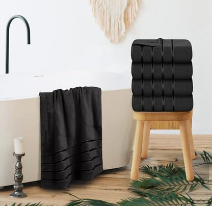 Luxury Bath Towels Set of 4, 27x54 Inches 600GSM 100% Cotton Ring Spun – Daily Use Highly Absorbent Viscose Stripe Bath Towel Sets for Bathroom, Hotel, Spa (Black)