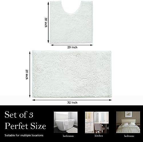 Bathroom Rugs Chenille Bath mat 2 Piece Set, Super Absorbent, Strong PVC Non Slip Backing, Bath mats for Bathroom, Plush Shaggy, Thick, Machine Washable, Bathtub, Shower, Toilet.(White)