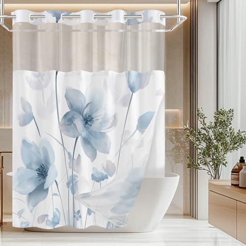 No Hook Shower Curtain and Liner Set, Blue Boho Floral 71x84
