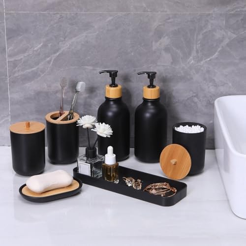 Matte Black Bathroom Accessories Set 7 Pcs,Bamboo Bathroom Accessories Sets,Black Soap Dispenser and Toothbrush Holder Set,Qtip Holder,Vanity Tray,Soap Dish,Modern Bathroom Decor