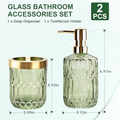 RRM Glass Bathroom Toothbrush Holder and Soap Dispenser Set, Green